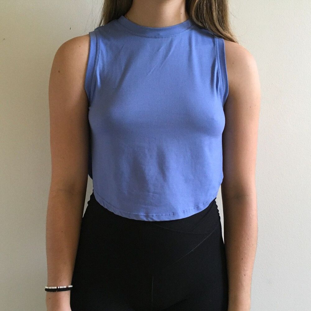 Periwinkle Blue Crop Tank Top Womens XS Split Side High Neck Yoga Gym Athleisure